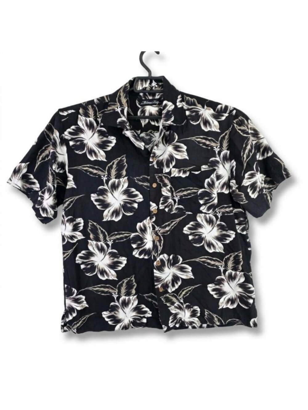 Mens Milano Bay Black Floral Hawaiian Shirt Cotton Rayon Tropical Resort Size L